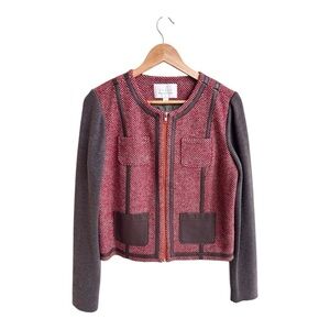 Hinge Red Brown Tweed Full Zip Long Sleeve Round Neck Womens Size M Knit Blazer
